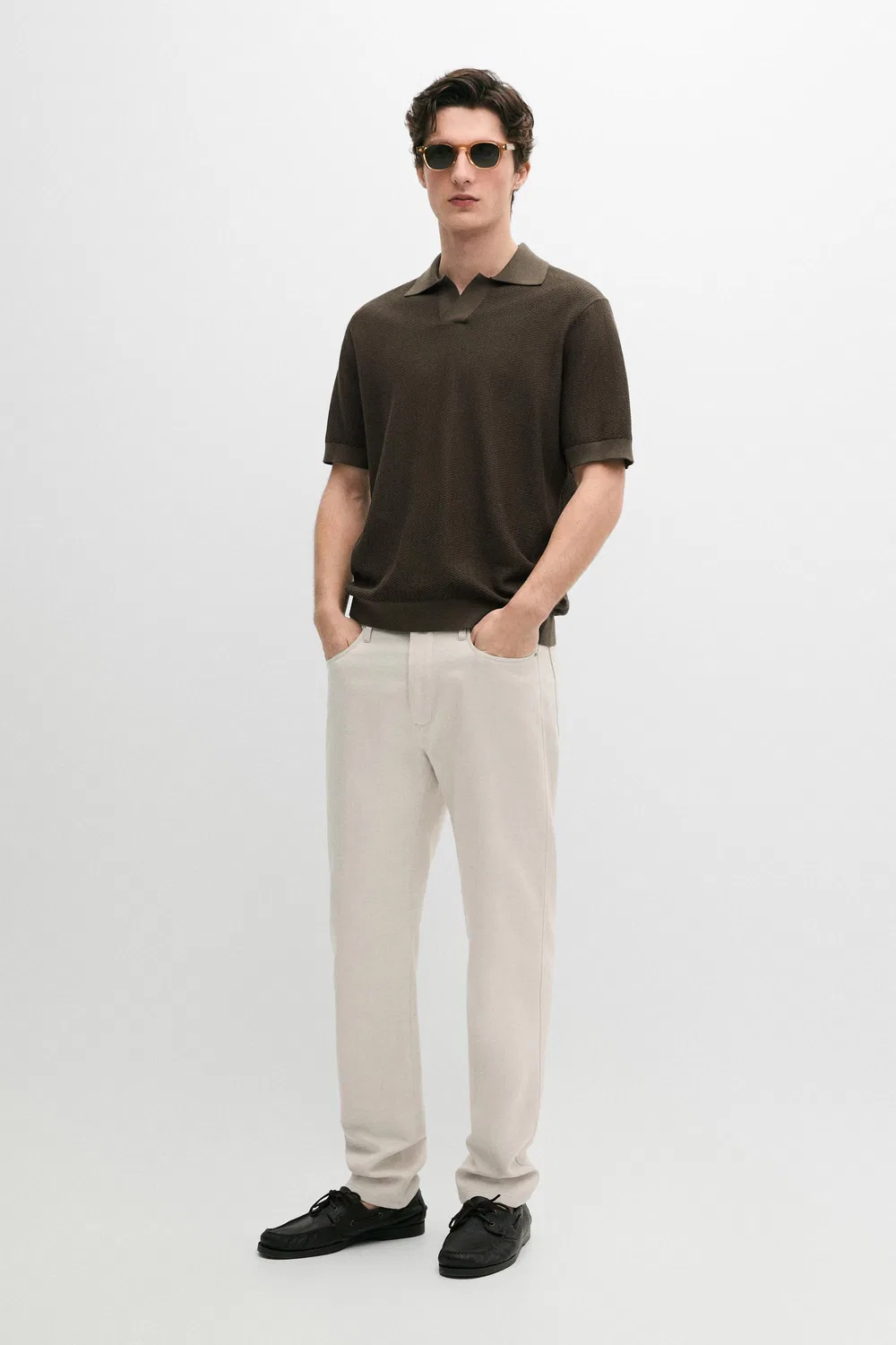 Джинсы зауженного кроя из хлопка и льна Massimo Dutti, кремовый