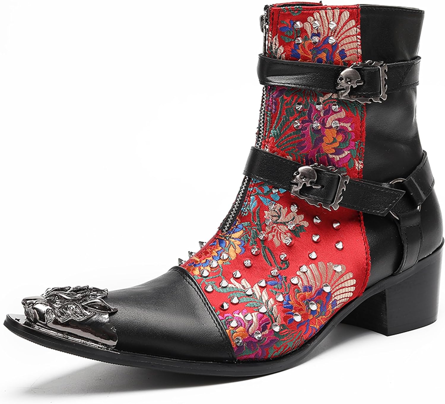 

Мужские готические кожаные ботинки-казаки Santimon с вышивкой, черепами на пряжках, заклепками и металлическим носком - панк-рок ботинки с молнией для сцены, вечеринок и косплея, красный