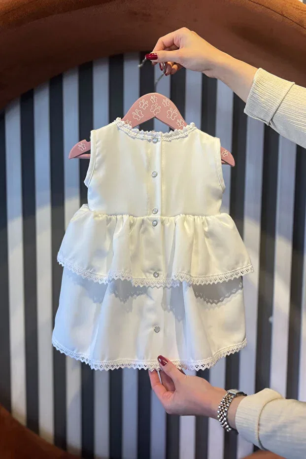 Детское платье для девочек кружевное Lace crepe dress for baby girl - layered skirt, mevlüt off white Bertuğ, Off-White