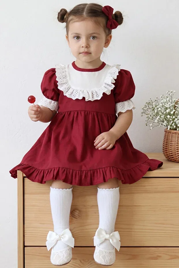 Детское платье для девочек хлопковое комплект платьев Ruby Frilly Lace Detailed Short Sleeve Parla Kids, Burgundy — фото 3