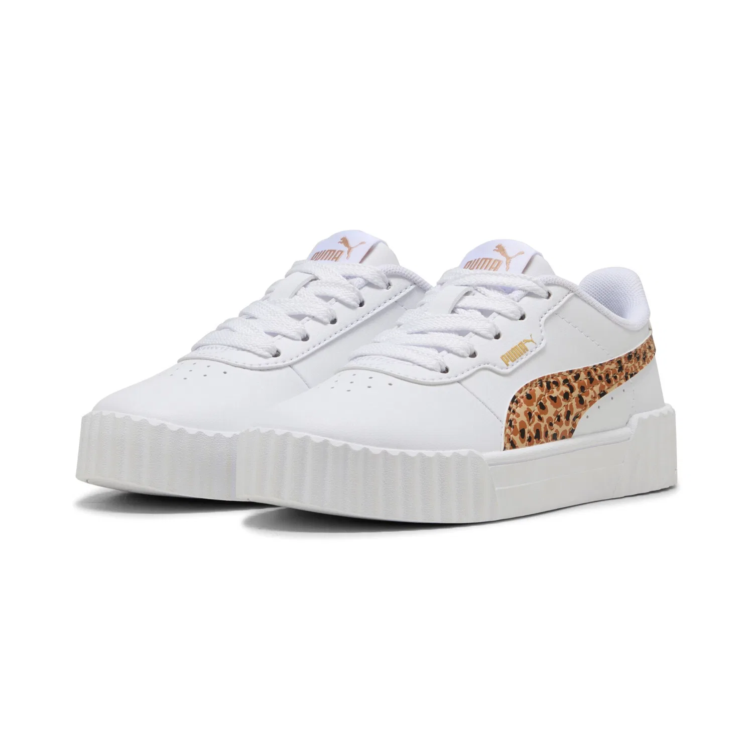 Детские кроссовки с леопардовым принтом Carina 3.0 Animal PS PUMA, White/Light Sand/Gold