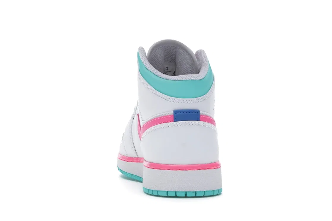 Детские кроссовки для мальчиков с принтом Jordan 1 Mid Jordan, White/Digital Pink-Aurora Green-Soar — фото 4