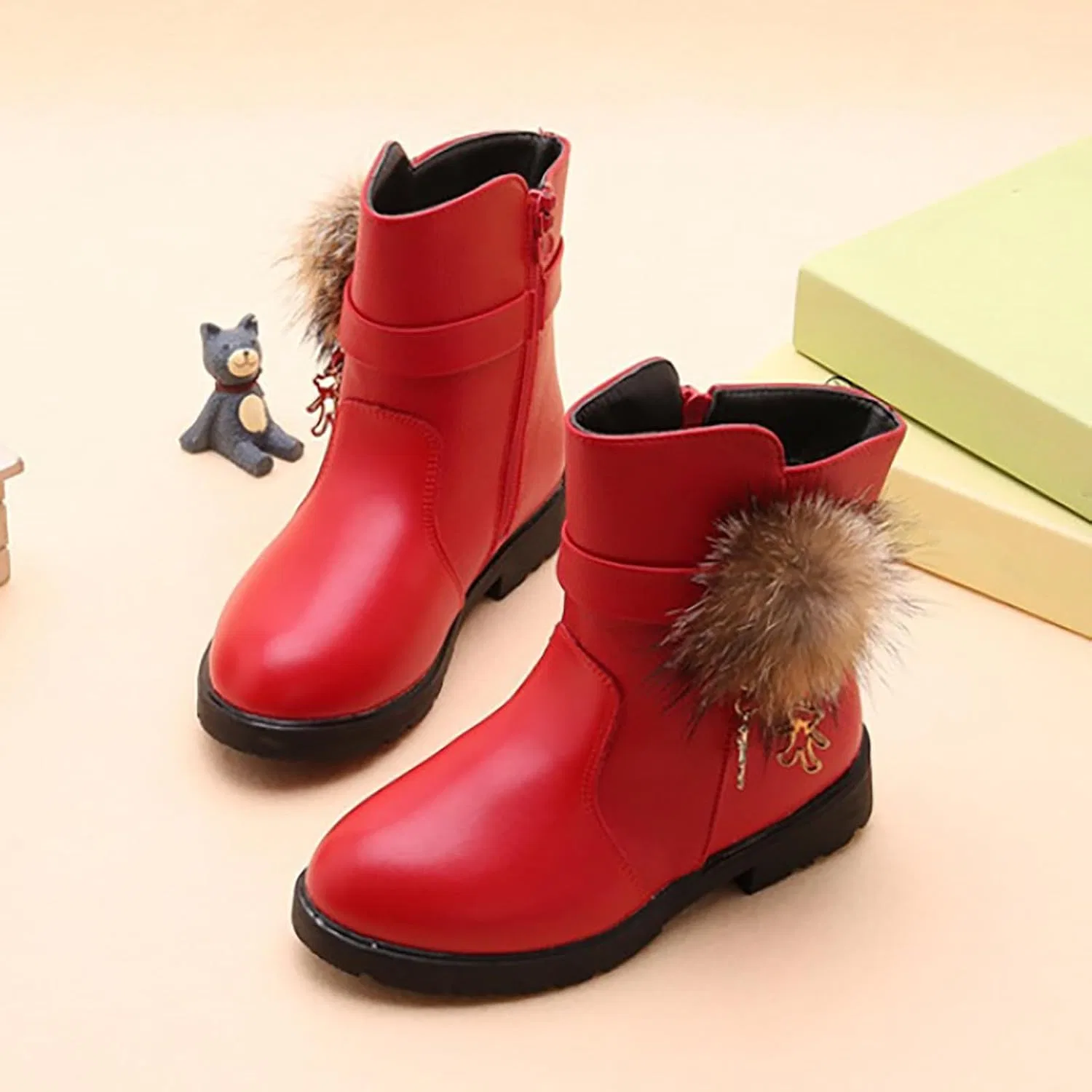 Детские ботинки для девочек с боковой молнией Princess Cute Short Boots, Red — фото 3