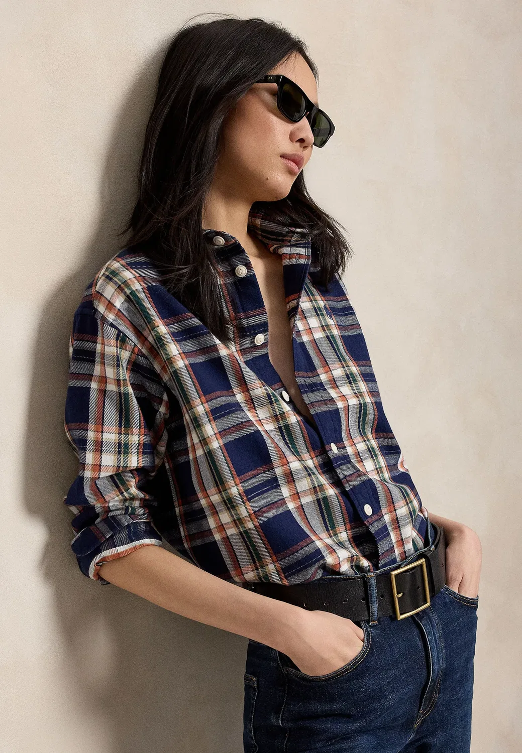 Хлопковая рубашка в клетку свободного кроя - блузка на пуговицах Polo Ralph Lauren, Navy/Orange