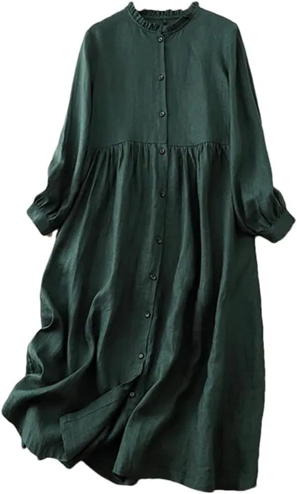 Женское платье-трапеция с рюшами Vintage Ruffled Stand Collar, зелёный