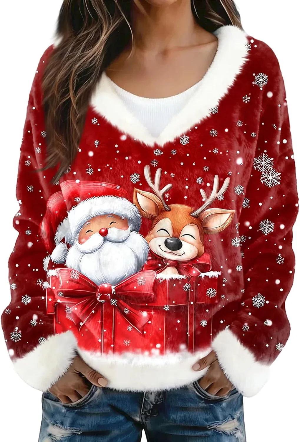 Женский свитшот с V-образным вырезом и меховой отделкой, Christmas, красный — фото 4