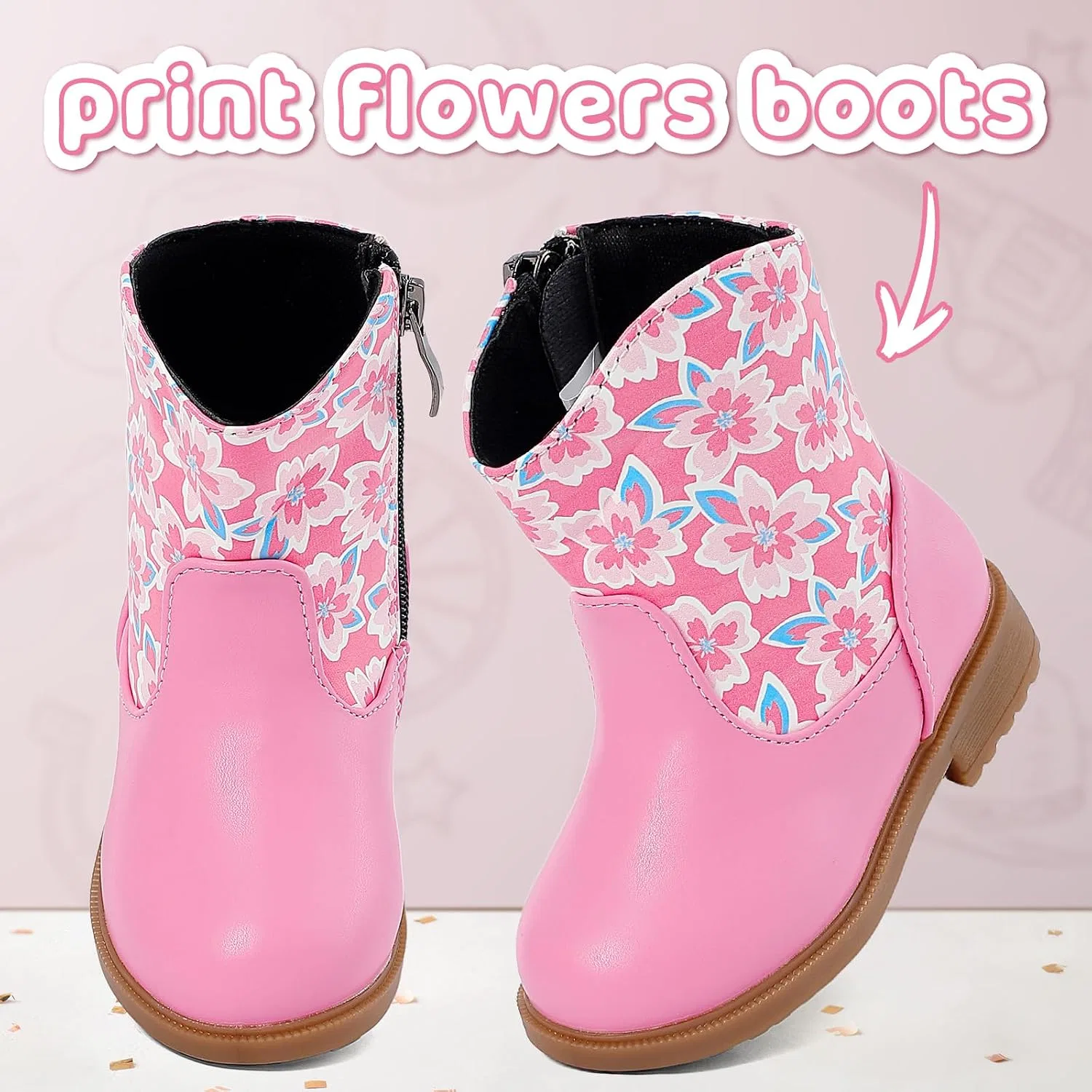 Детские сапоги для девочек с вышивкой Cowboy Cowgirl DUONITITI, Pink Flowers — фото 3