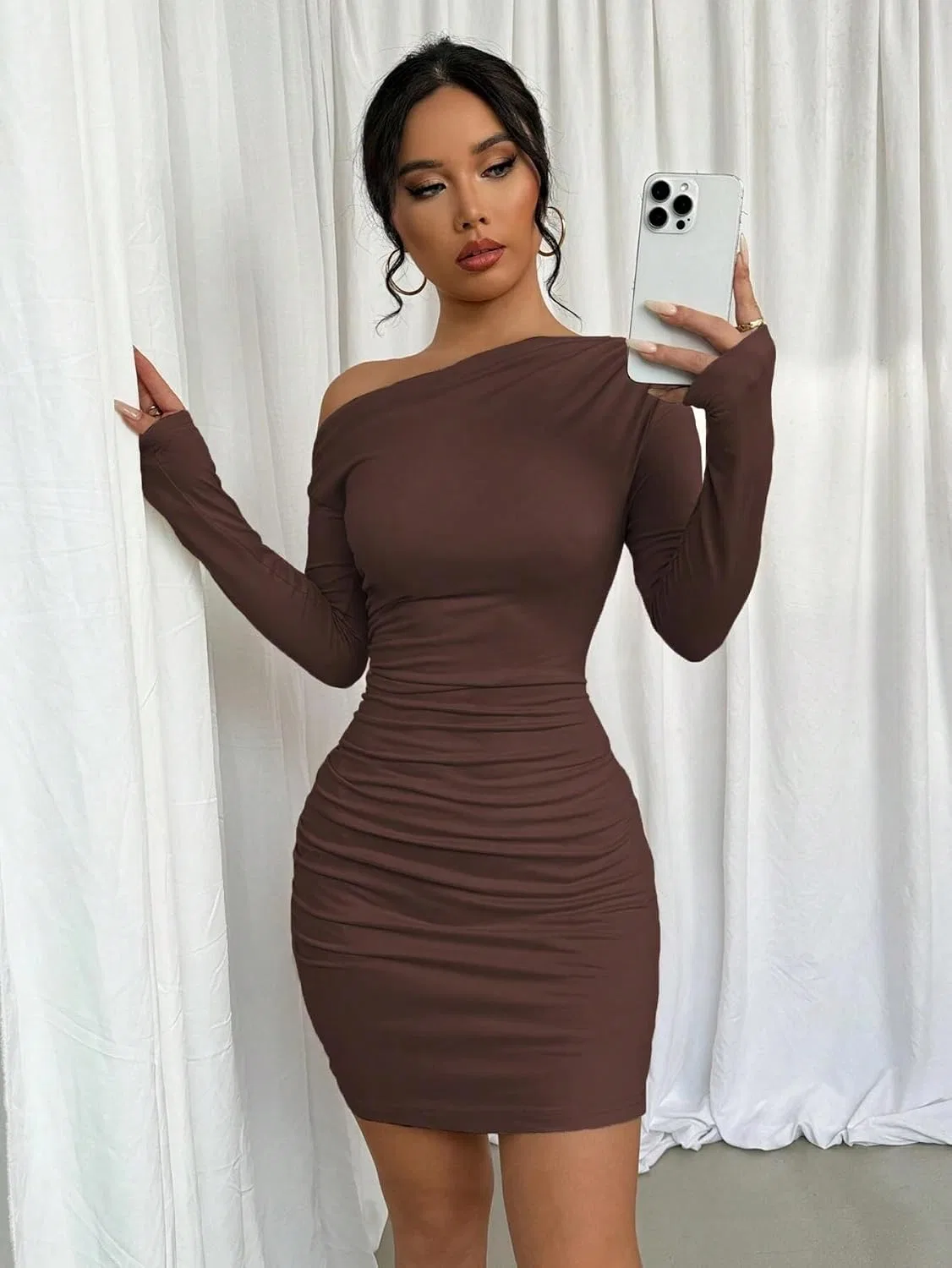 Женское облегающее платье с асимметричной драпировкой, Coffee Brown — фото 2