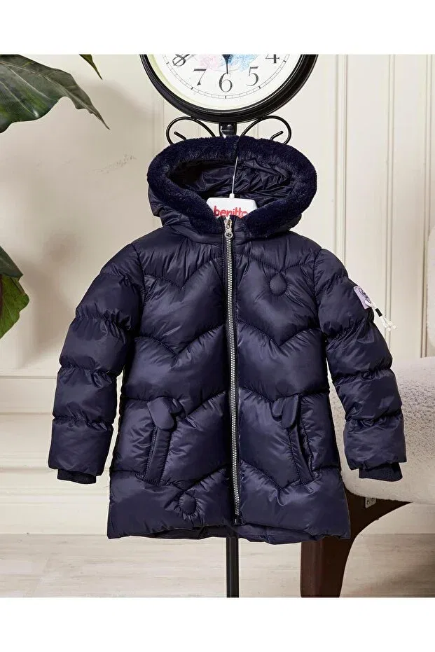 Детское пальто для девочек пуховое с капюшоном Benitto Kids, Navy Blue