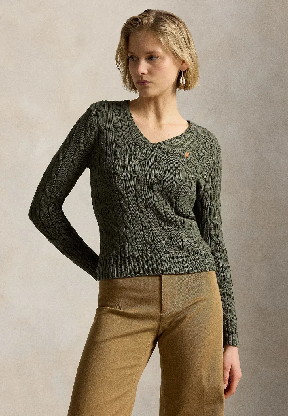 Хлопковый свитер крупной вязки с V-образным вырезом Polo Ralph Lauren, Dense Olive
