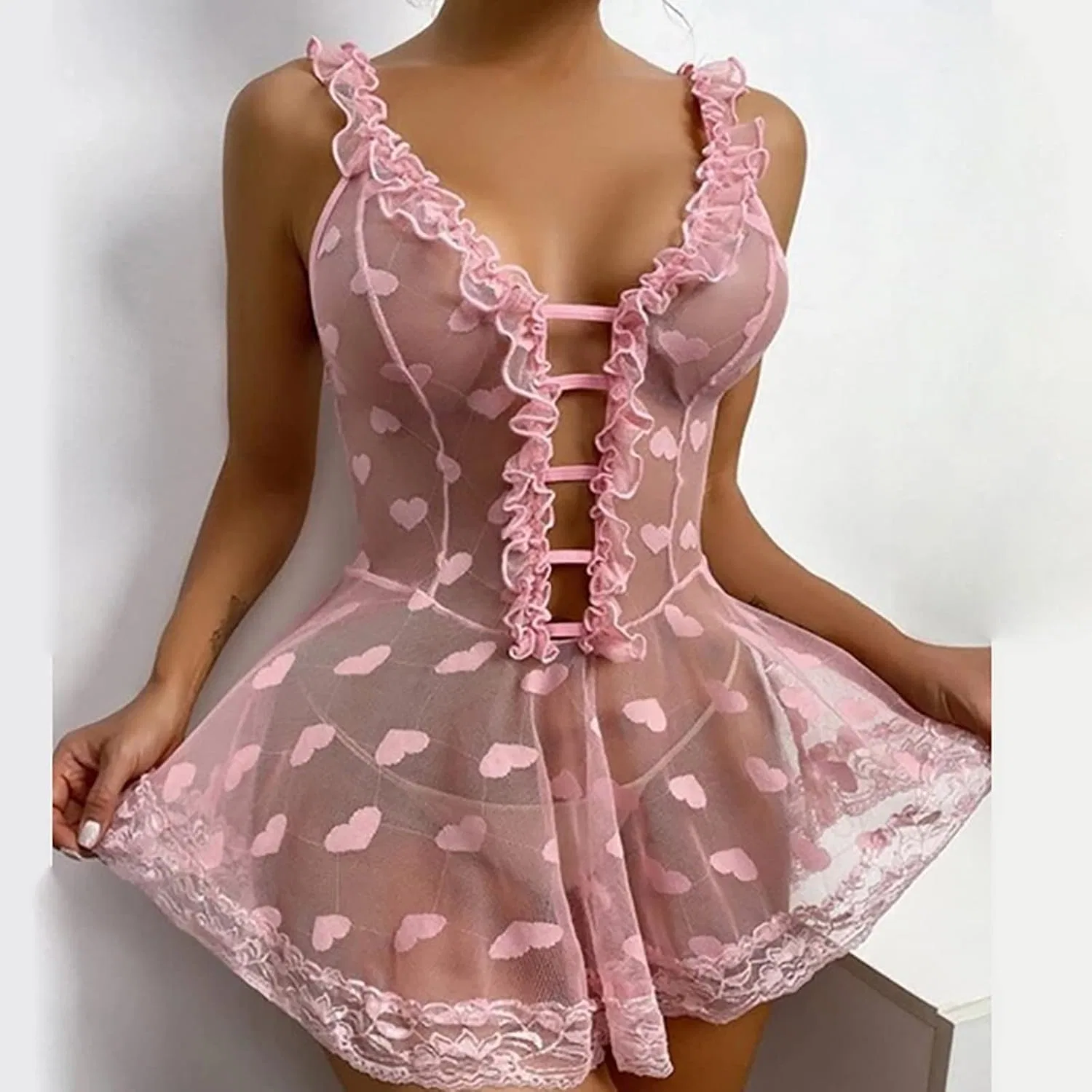 Женское кружевное платье на бретелях с вырезами, Pink — фото 3