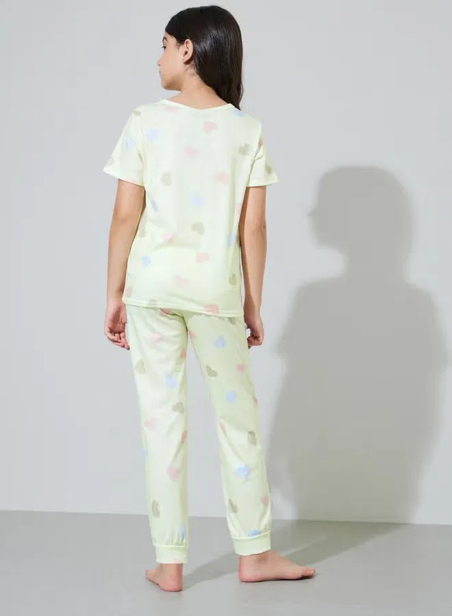 Комплект пижамный с принтом сердечки, модель Heart Print, Styli, желтый — фото 3