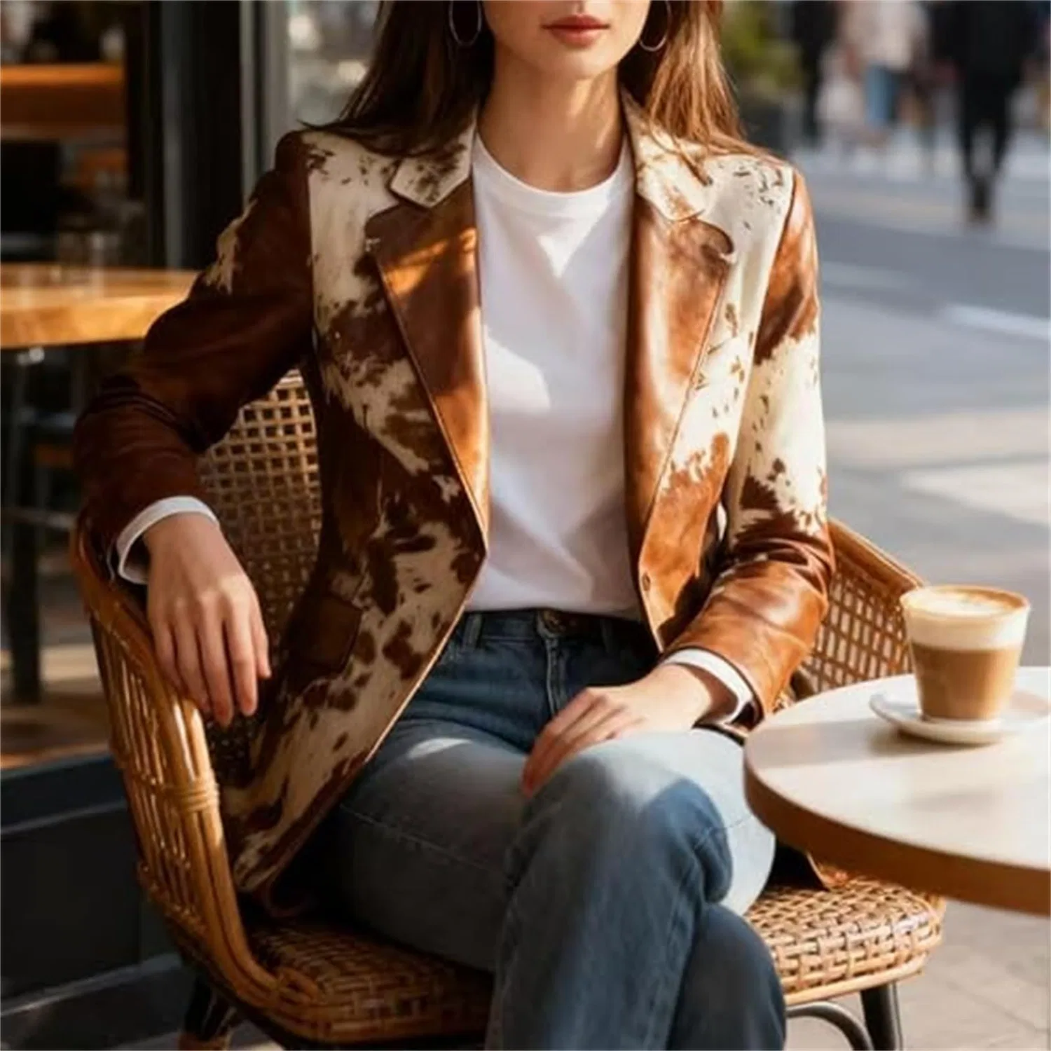 Женский жакет с лацканами, с принтом коровы, Vintage, из замши, со стойкой, Slim Fit, Brown a — фото 4