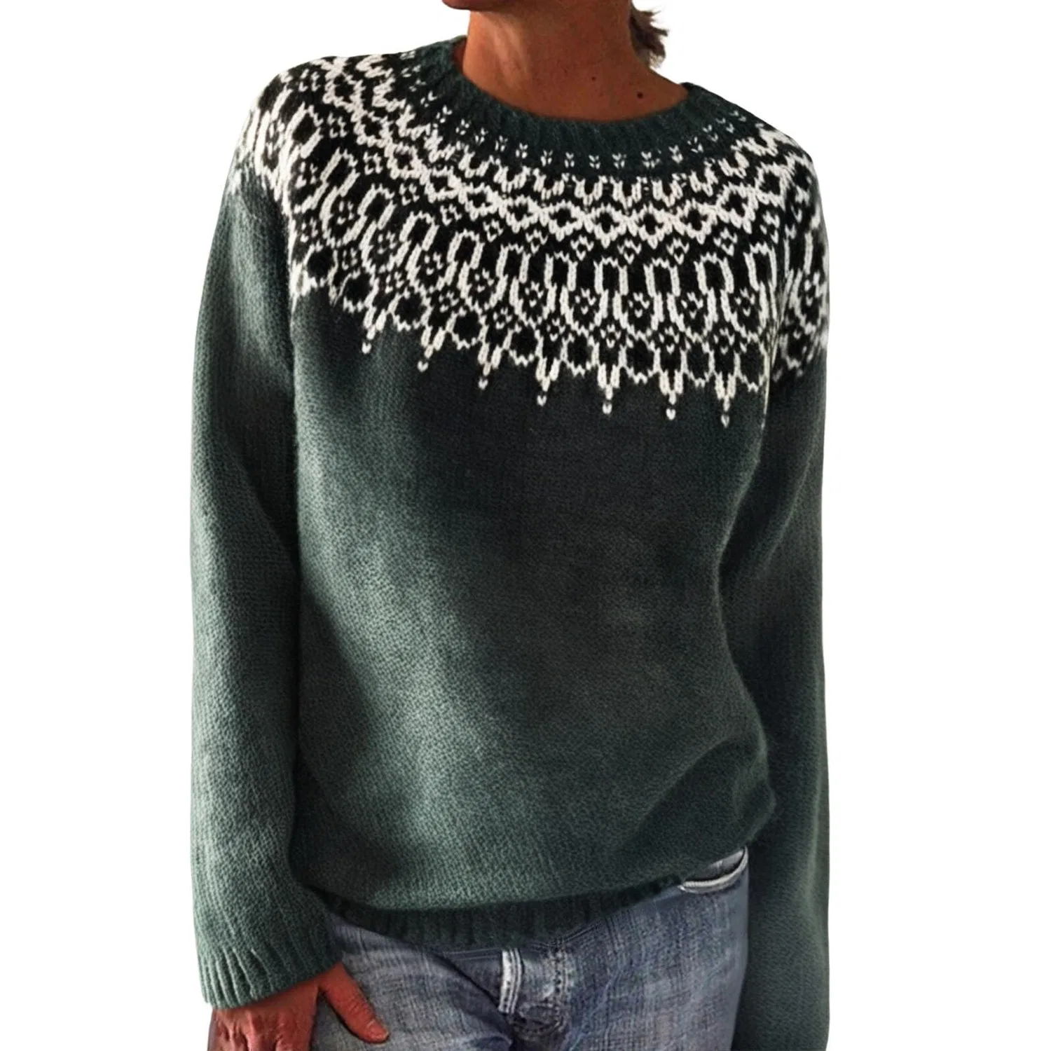 Женский свитер с принтом Retro Knitted Sweater with Isle Print, Black Green