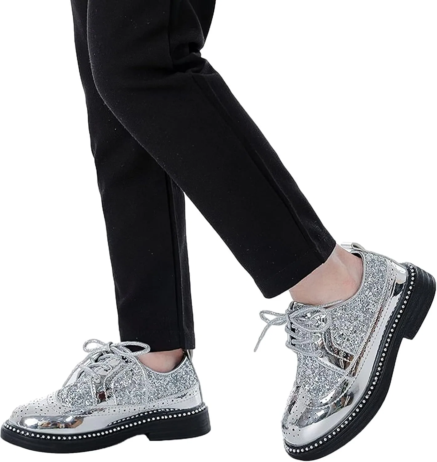 Детские оксфорды с блестками и шнуровкой Wingtip Brogue rismart, Silver — фото 4