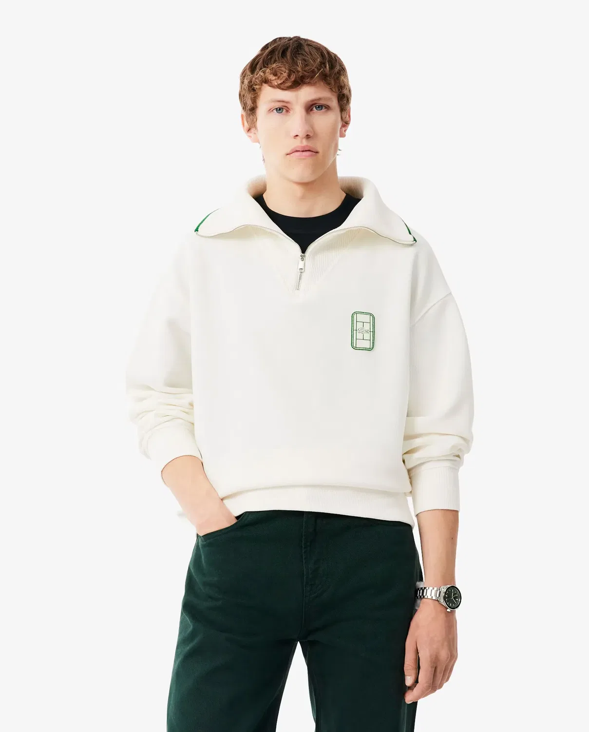 Свитшот мужской Lacoste с высоким воротником на молнии, свободный крой, Blanco