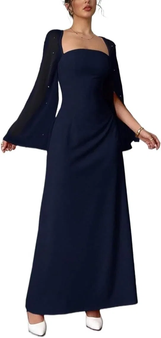 Женское A-силуэта макси платье с длинными рукавами, Navy Blue