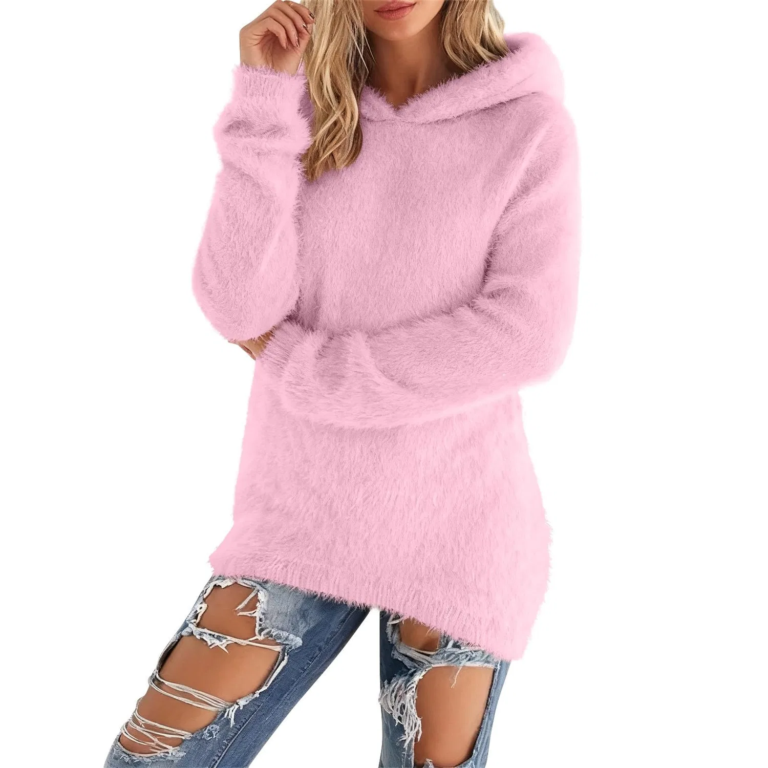 Женский свитер с капюшоном, однотонный, с карманами, Rosa