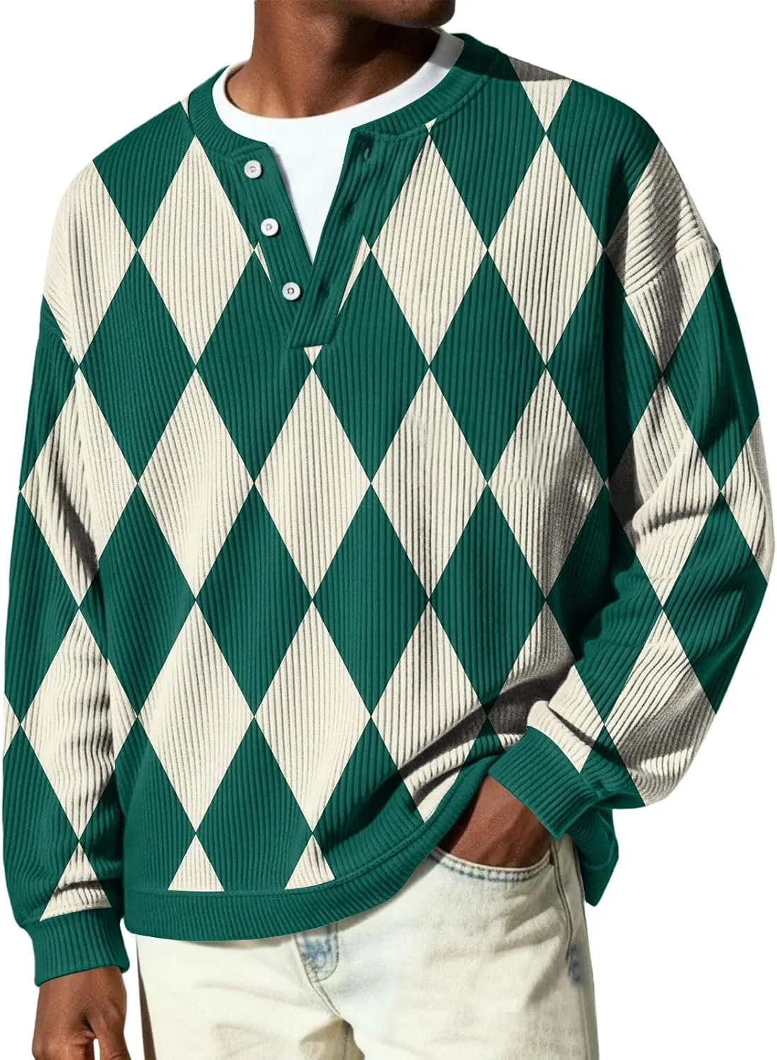 Мужская футболка с длинным рукавом Ribbed Knit Henley, тёмно-зелёный — фото 3