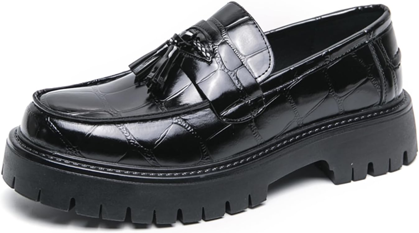 

Мужские кожаные слипоны с принтом на платформе, лоферы с круглым носком и металлическим декором, противоскользящей подошвой, деловые туфли, офиса и вечеринок Forevercan, черный