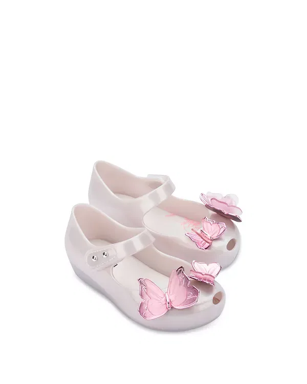 Детские балетки для девочек без застежки с принтом бабочки Ultragirl Fly III Mini Melissa, Pearly White