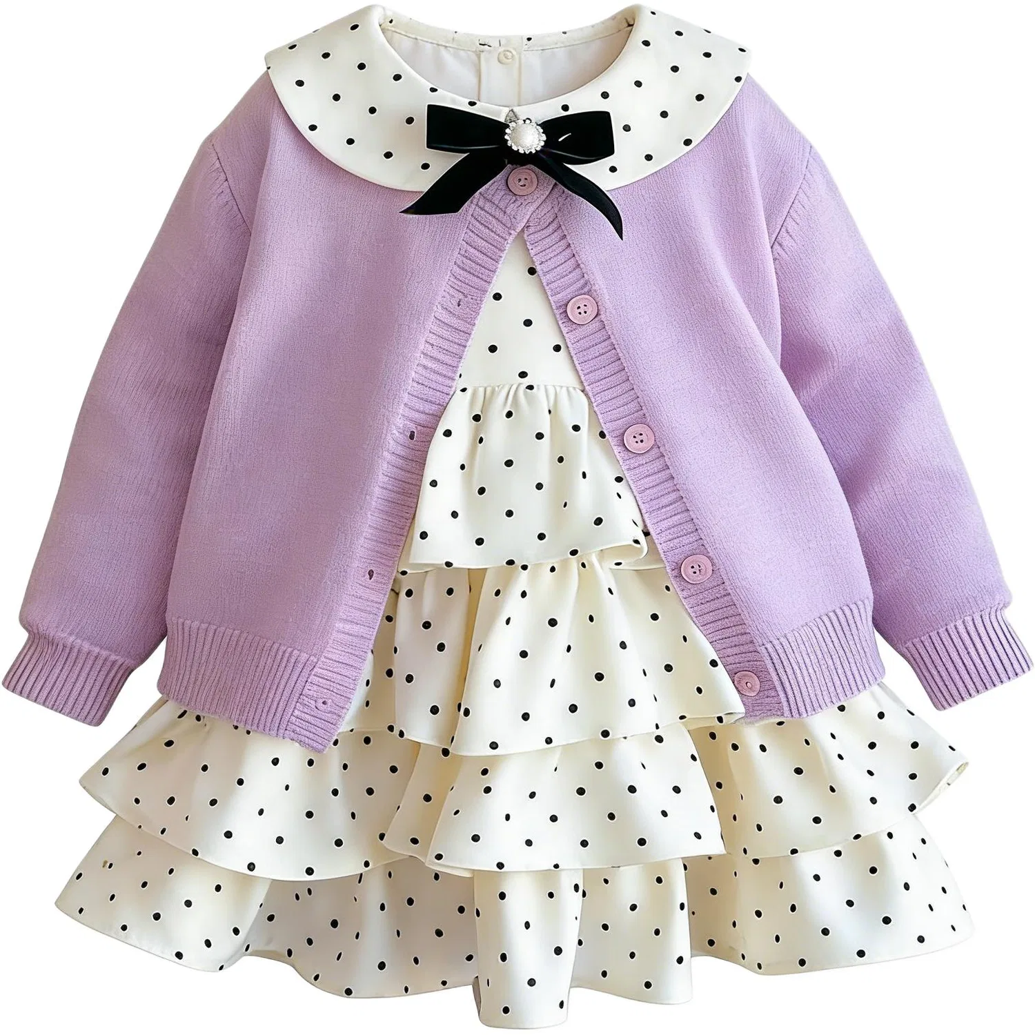 Детский комплект для девочек с длинным рукавом Lanza, Beige Tiered Skirt+Purple Cardigan