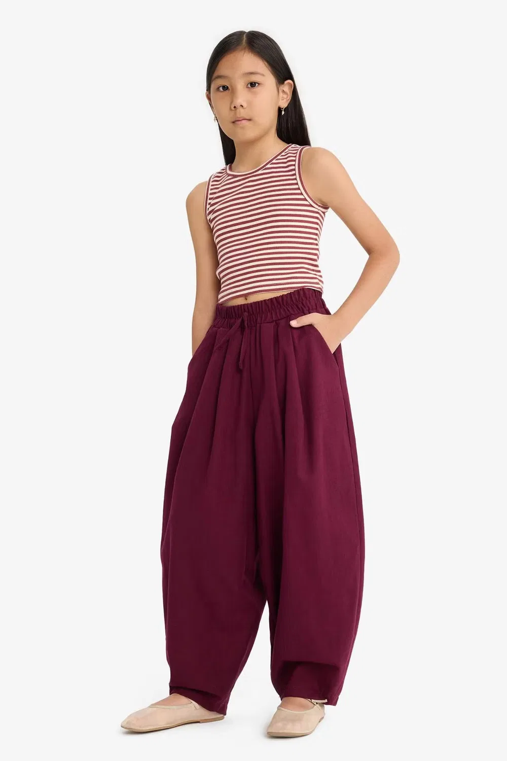 Брюки хлопковые с посадкой barrel Girl barrel fit cotton trousers Defacto, бордовый — фото 4