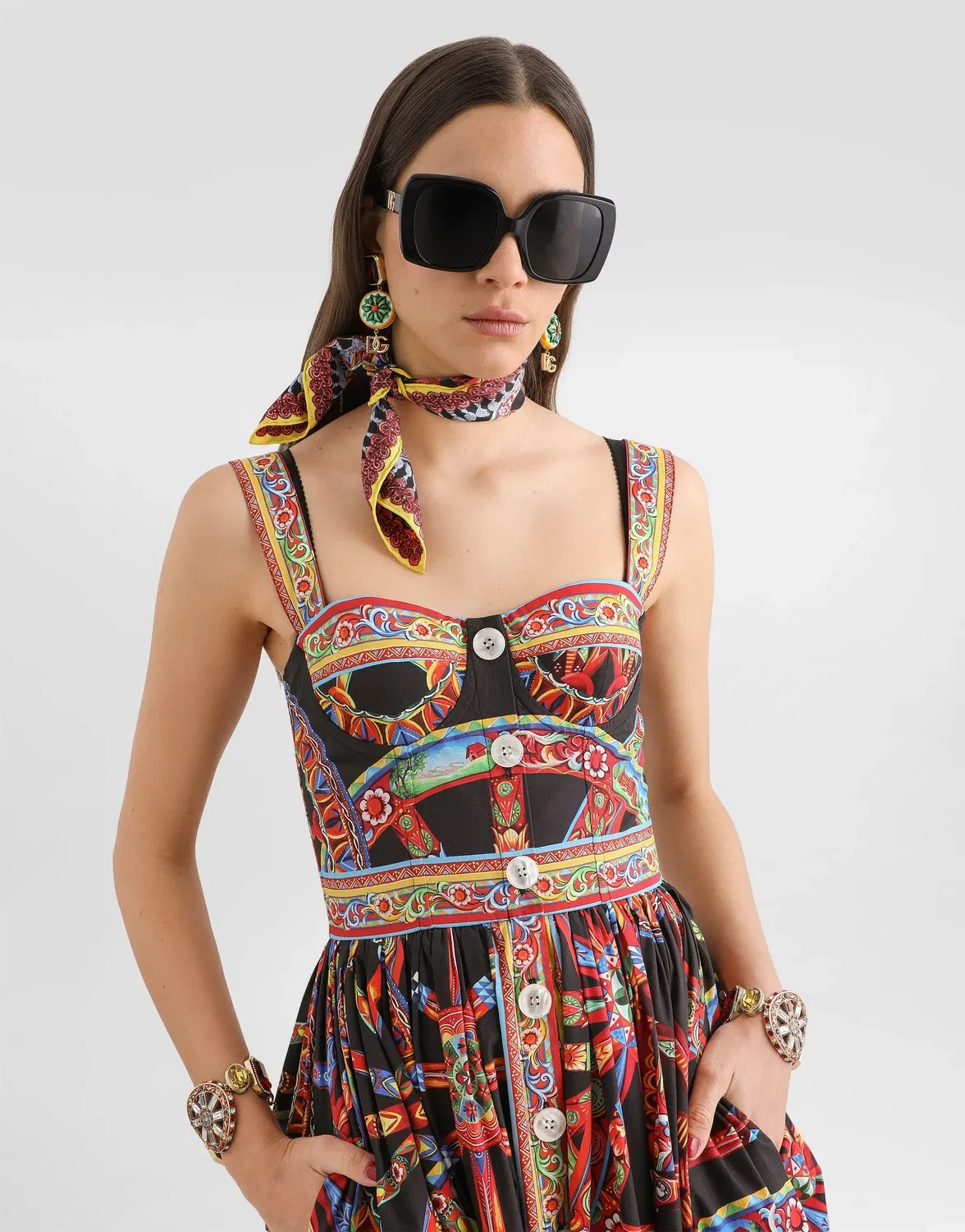 Длинное платье из поплина с принтом «каретто» DOLCE & GABBANA, бежевый — фото 4