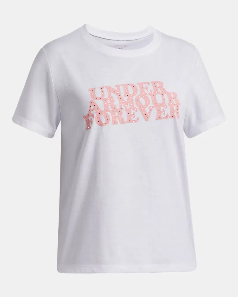 Футболка для девочек быстросохнущая из хлопковой смеси UA Forever UnderArmour, White/Posh Pink — фото 3
