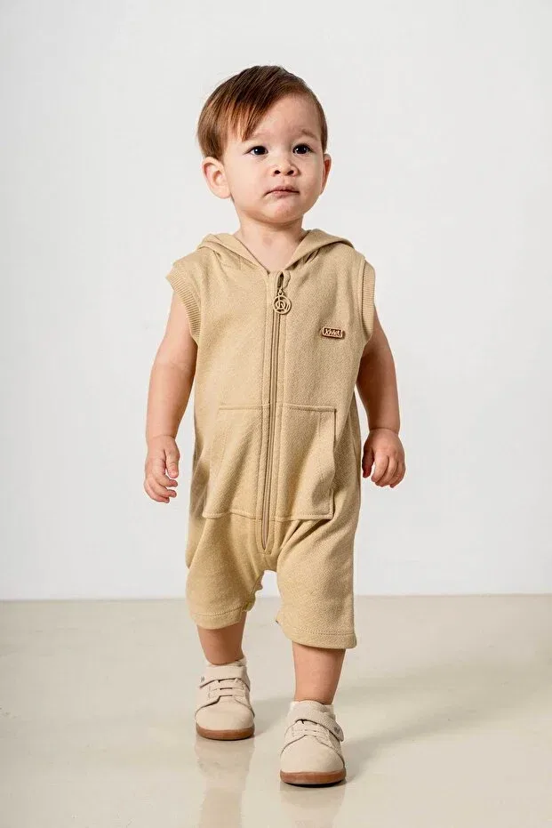 Детский комбинезон для новорожденных хлопковый с капюшоном Basics Bombe, Beige — фото 3