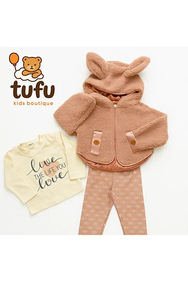 Детские леггинсы для девочек однотонные 3-предметный комплект Cute hooded detailed Butik, Pink — фото 2
