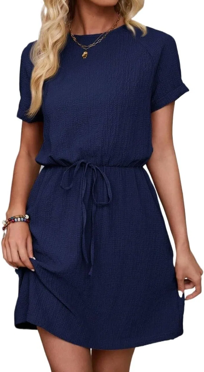Женское летнее мини-платье A-силуэта с завязкой на талии, Navy Blue