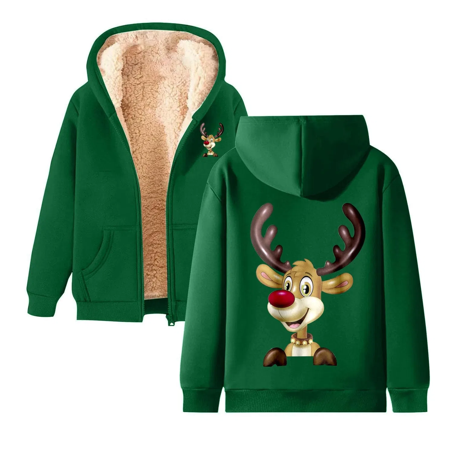 Женский флисовый худи с принтом, на молнии, с карманами, 2 X Dark Green