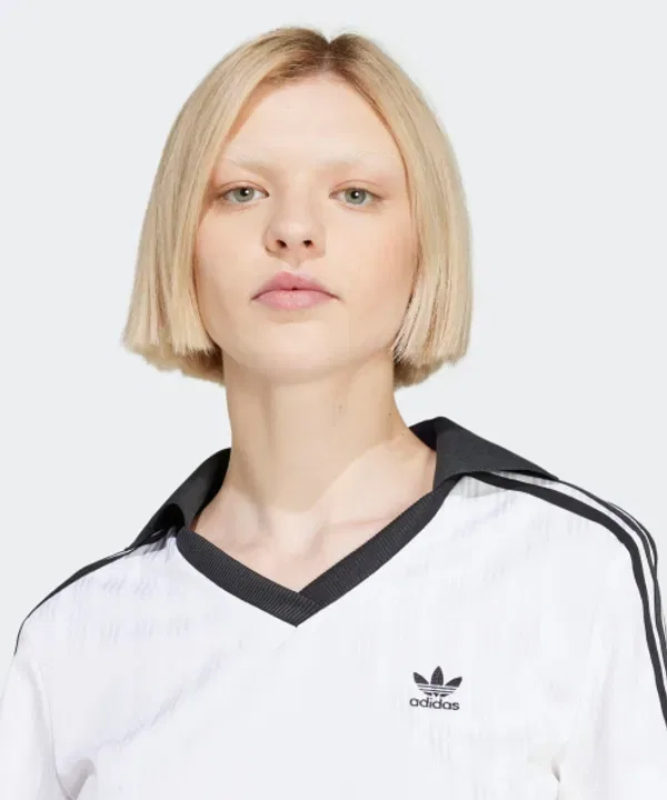 Футбольный поло с V-образным вырезом, жаккардовый, укороченный, Adidas, белый — фото 3