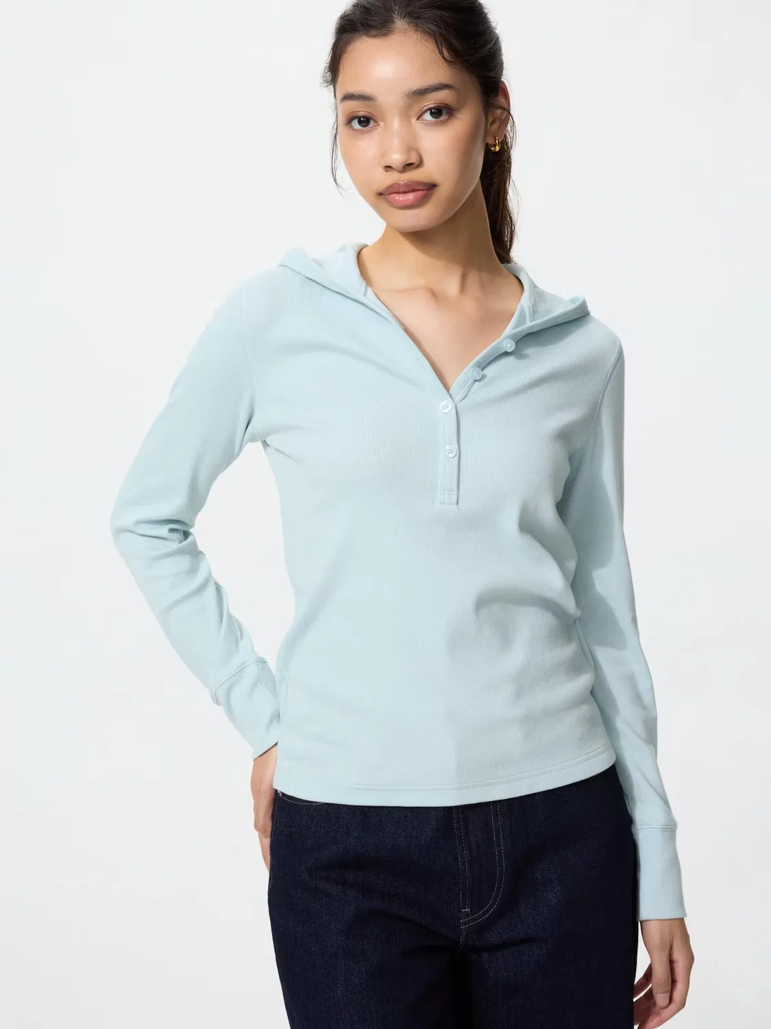 Футболка с капюшоном Uniqlo, в рубчик, светло-голубой