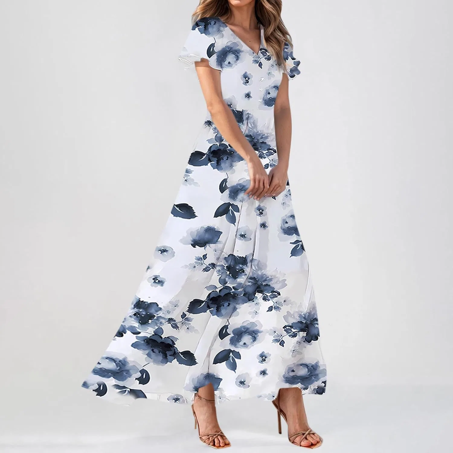 Женское цветочное платье макси V-образный вырез шифон, Royal Blue — фото 2