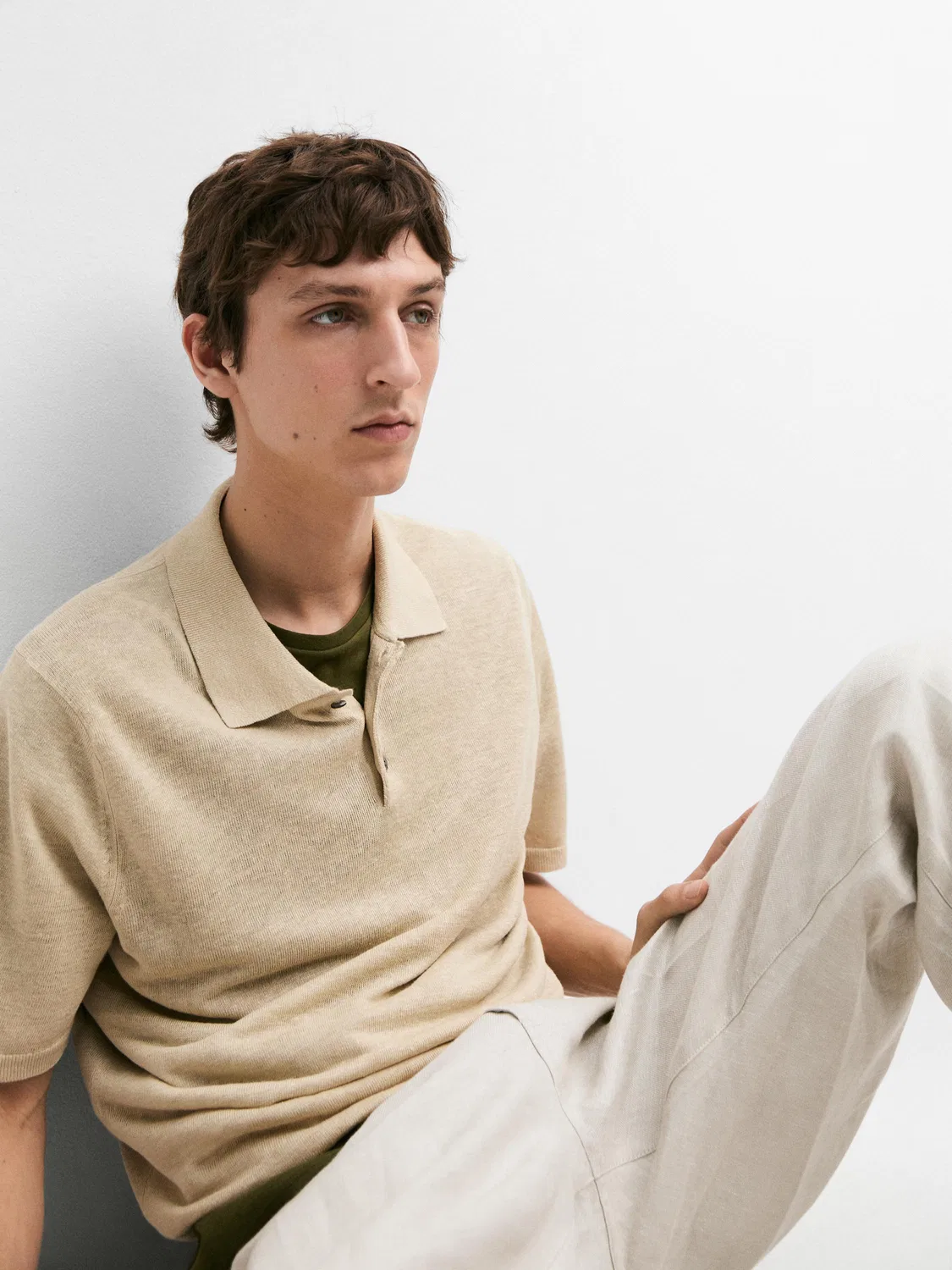 Вязаный льняной свитер-поло Massimo Dutti, бежевый — фото 4