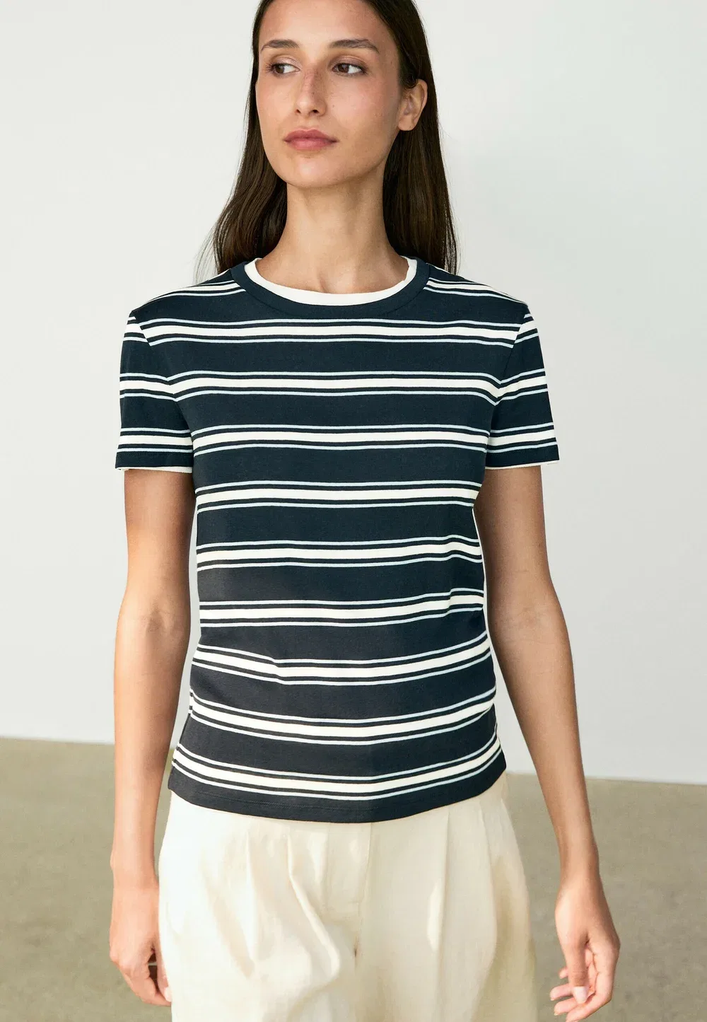 Двухслойная полосатая футболка с коротким рукавом - футболка с принтом Massimo Dutti, Dark Blue