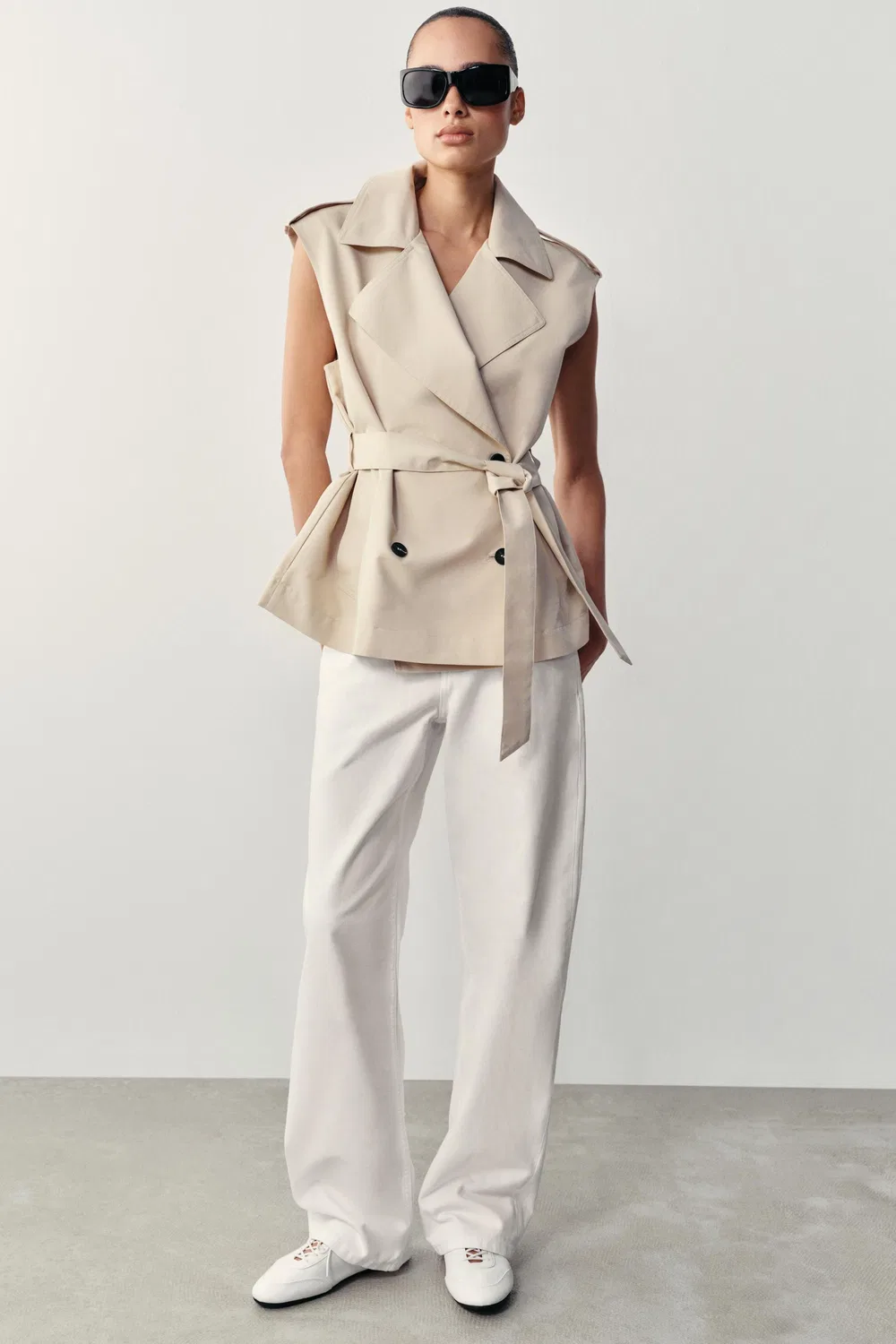 Двубортный жилет с поясом ZARA, Sand/Marl