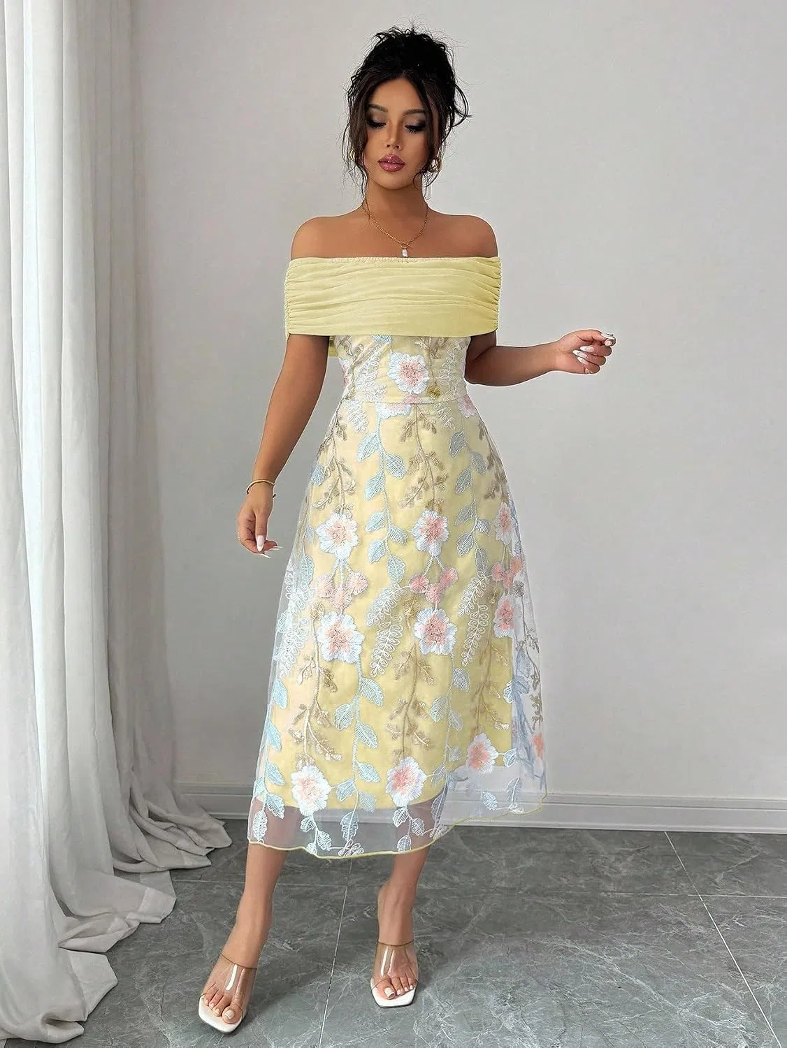 Женское повседневное миди-платье с воланами Off Shoulder, Yellow — фото 4