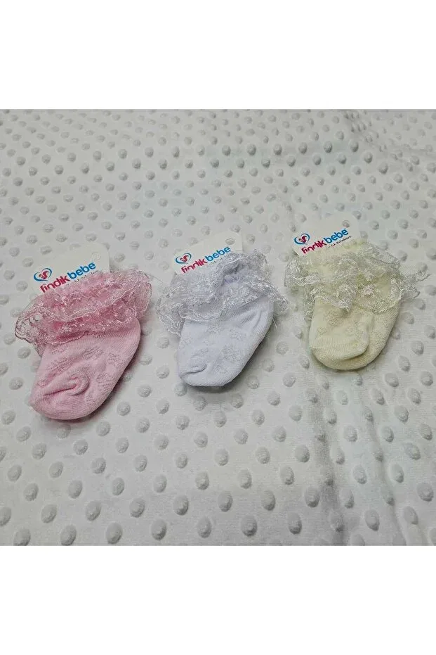 Детские носки с кружевом 3 пары Sundan hazelnut cotton lace baby socks Berkay, Pink White Cream