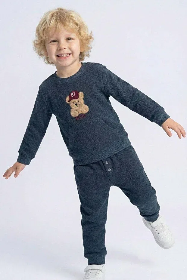 Детский спортивный костюм для мальчиков с принтом Boy'S tracksuit set with cute hat and teddy bear figure embroidery Breeze, Navy Blue Melange — фото 2