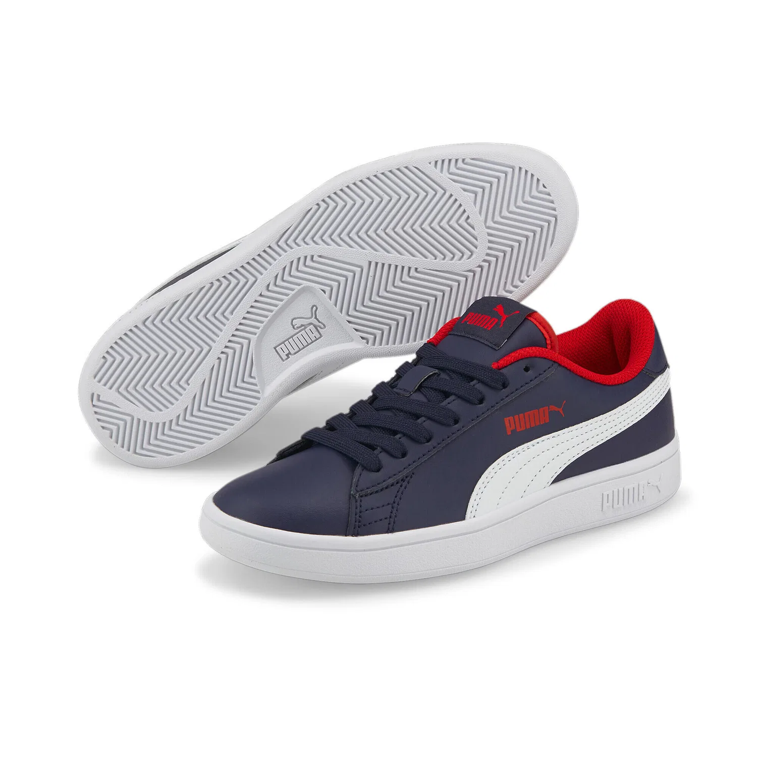 Детские кожаные кеды Smash V2 Puma, Peacoat White High Risk Red Blue — фото 2