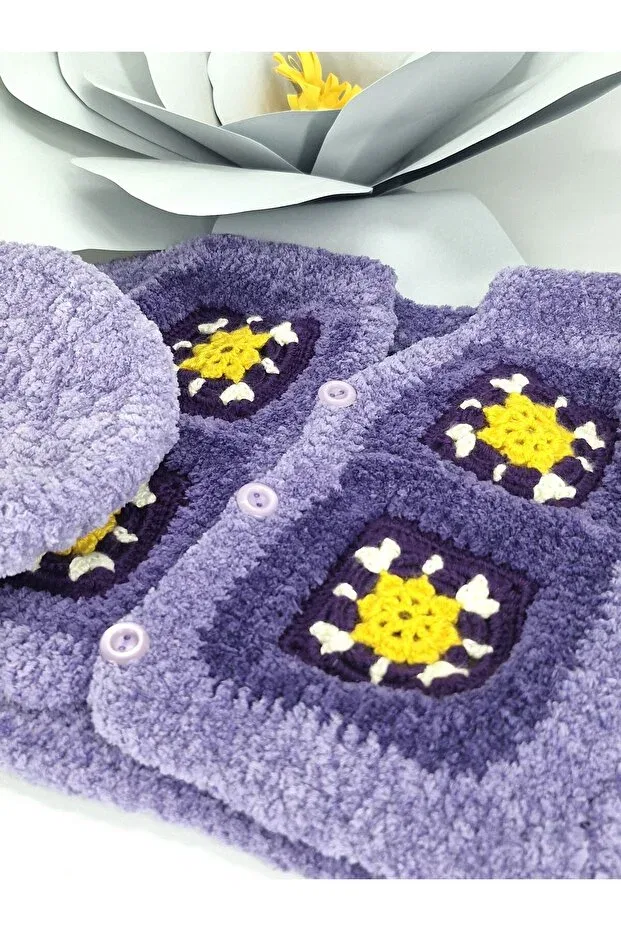 Детский кардиган для девочек с длинным рукавом Hand knitted motif plush girl's cardigan&beanie Evitle, Purple — фото 4