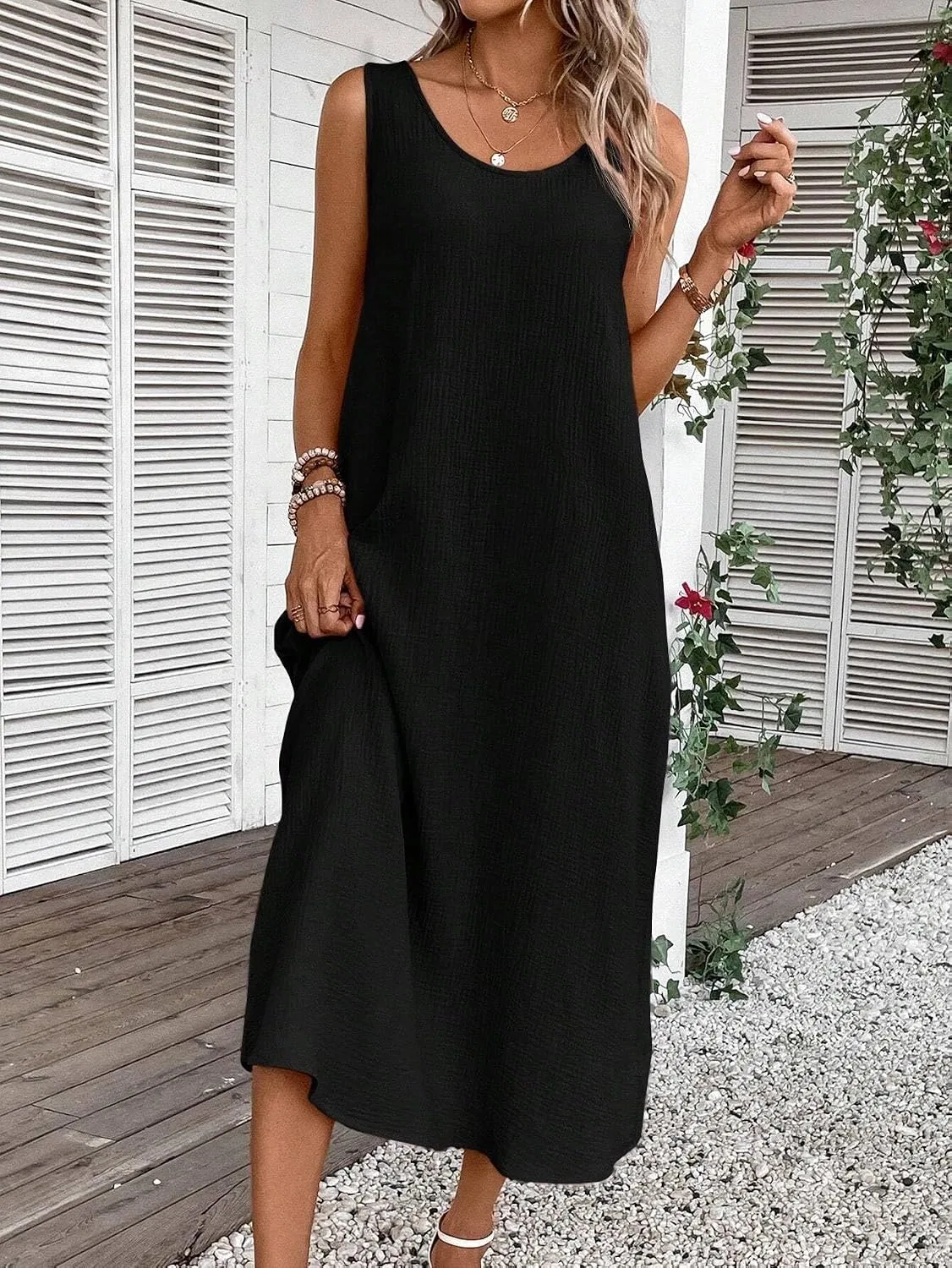 Женское свободное платье без рукавов Casual, Black — фото 3