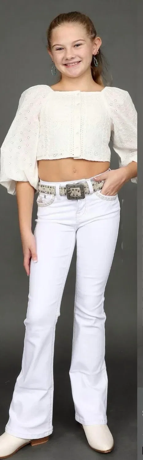 Детские джинсы-клеш с декором стразами Rhinestone Bootcut Jeans Sexy Couture, White