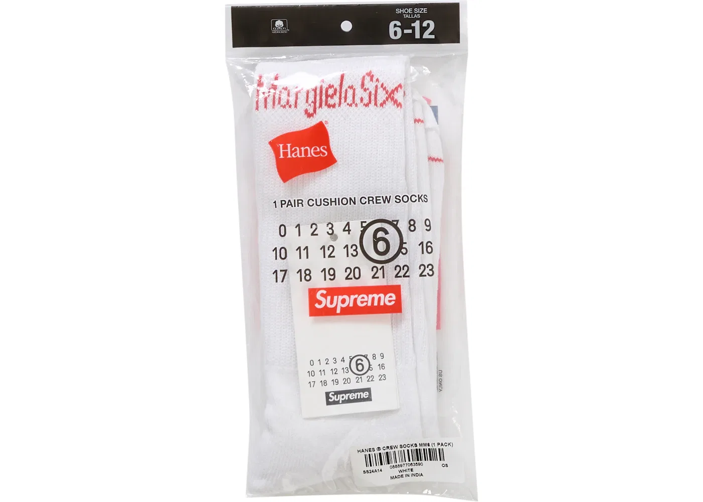 Унисекс носки с принтом Supreme MM6 Maison Margiela Hanes Crew Socks (1 Pack), White