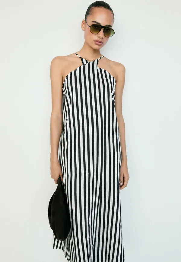 Платье полосатое Striped midi dress with crisscross straps Massimo Dutti, черный — фото 3