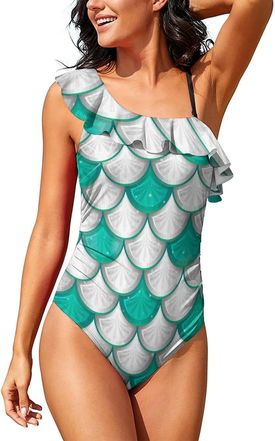 Женский слитный купальник с змеиным принтом One Shoulder, Green