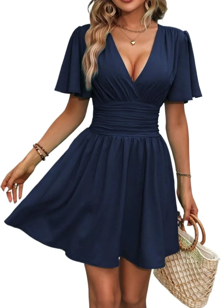Женское повседневное платье A-силуэта с V-образным вырезом, Navy Blue